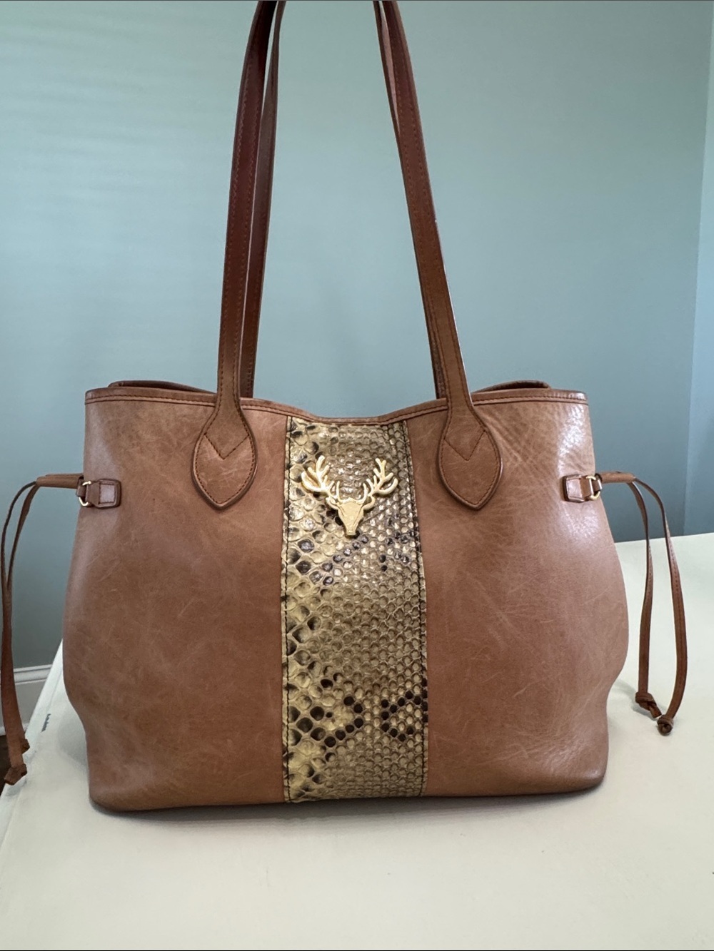 Taxidermy Liz Tote. Camel with genuine Python stripe-Medium